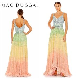 Mac Duggal Rainbow Sequin Gown with Ruffle High-Low Hem